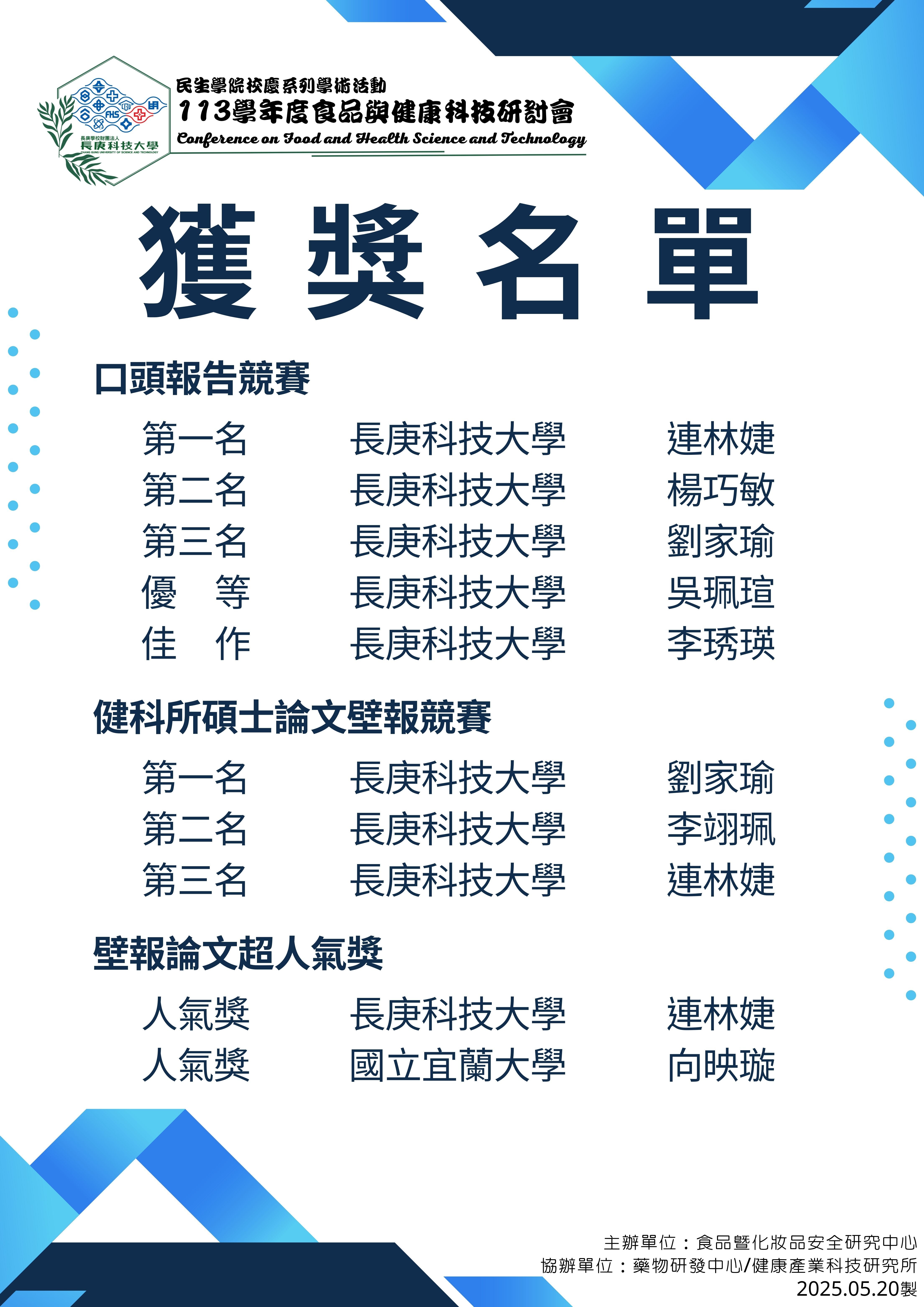 口頭報告競賽、健科所碩士論文壁報競賽、壁報論文超人氣獎獲獎名單