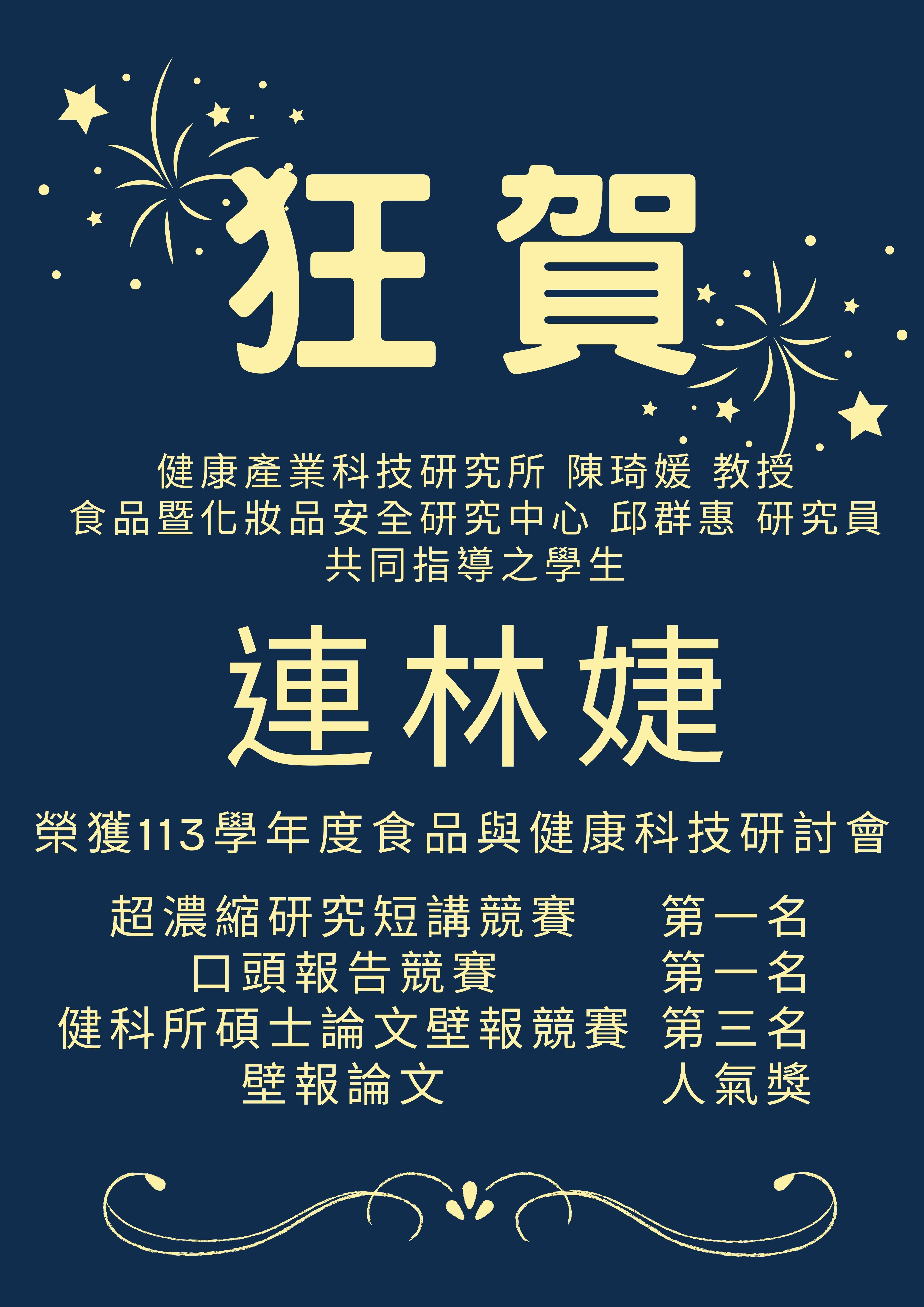 狂賀!陳琦媛教授與邱群惠研究員共同指導連林婕學生獲得榮獲113學年度食品與健康科技研討會4項大獎