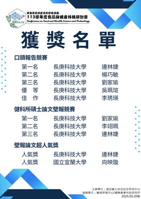 口頭報告競賽、健科所碩士論文壁報競賽、壁報論文超人氣獎獲獎名單